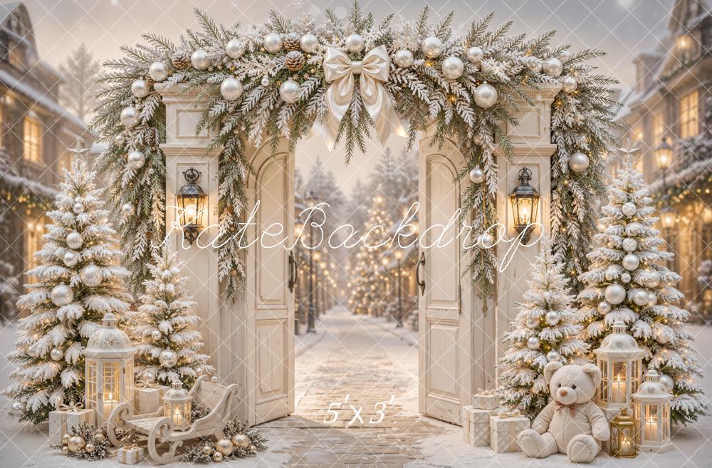 Kate Christmas Street Flower Arch Snowy Trees Lanterns Teddy Bear Printed Backdrop Designed by Emetselch