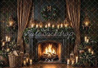 Kate Christmas Fireplace Vintage Wreath Greenery Candles Garland Lanterns Printed Backdrop Designed by Emetselch