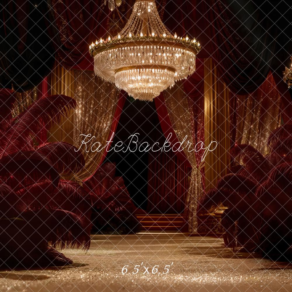 Kate Glamorous Stage Red Gold Chandelier Curtains Backdrop Designed by Emetselch