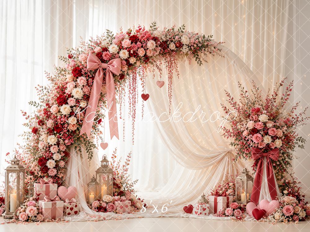 Kate Valentine's Day Circle Flower Arch Pink Roses Drapes Printed Backdrop Designed by Emetselch