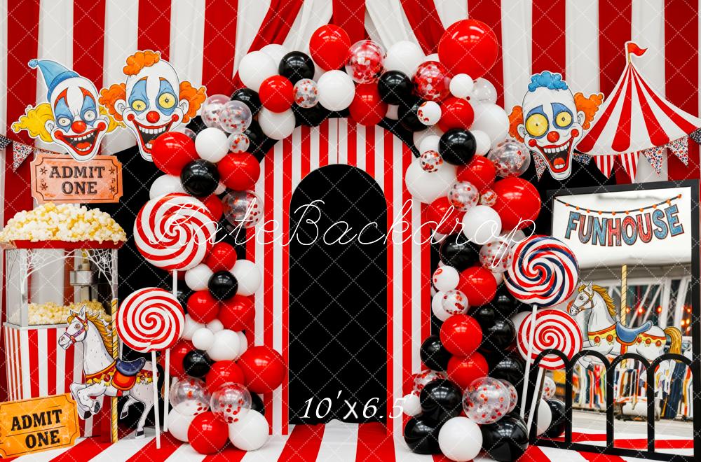 Kate Halloween Circus Carnival Clown Balloon Arch Red Stripes Backdrop Designed by Patty Roberts