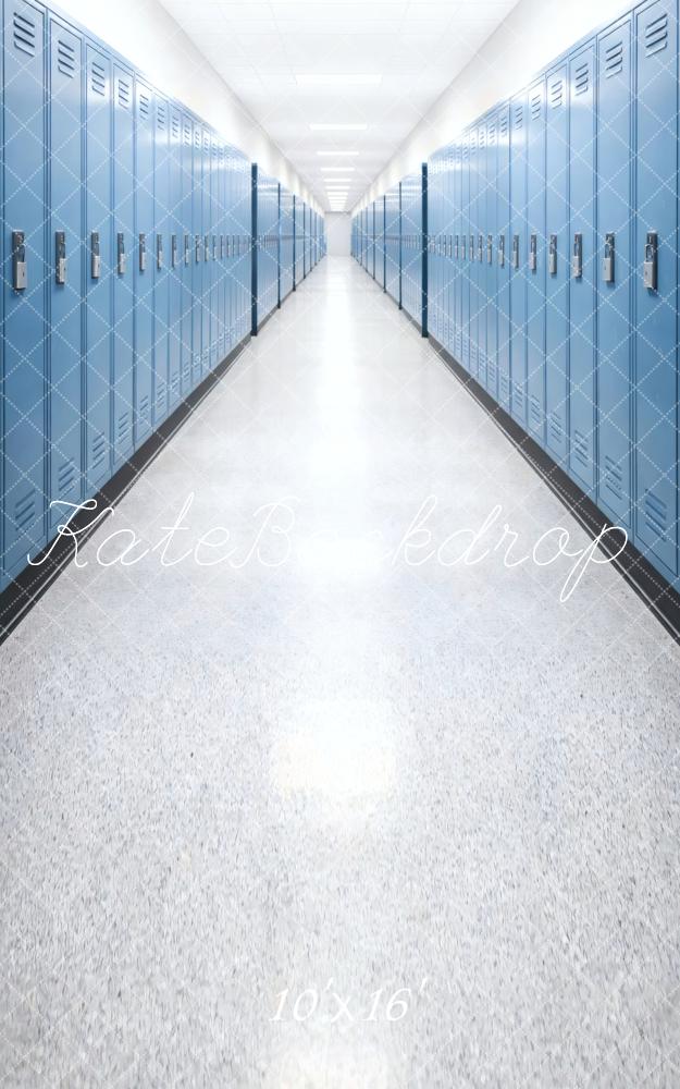 Kate Sweep Back To School Blue Lockers Hallway Perspective Printed Backdrop Designed by Vertigo Productions