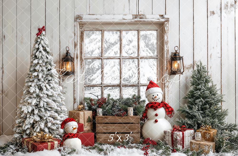 Kerstboom Sneeuwman Raam Hout Foto Achtergrond Designed by Emetselch