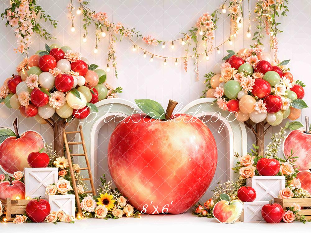 Kate Cake Smash Apple Balloon Arch Floral Crates Printed Backdrop Designed by Mini MakeBelieve