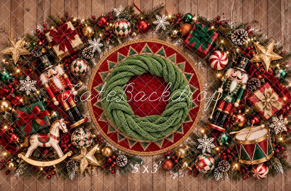 Kate Christmas Newborn Nutcracker Wreath Garland Red Green Printed Backdrop Designed by Laura Bybee