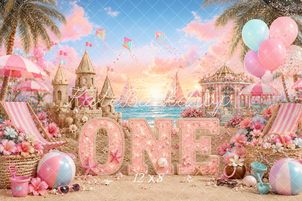 Kate Cake Smash Beach Pink Sandcastle Carousel Printed Backdrop Designed by Ashley Paul