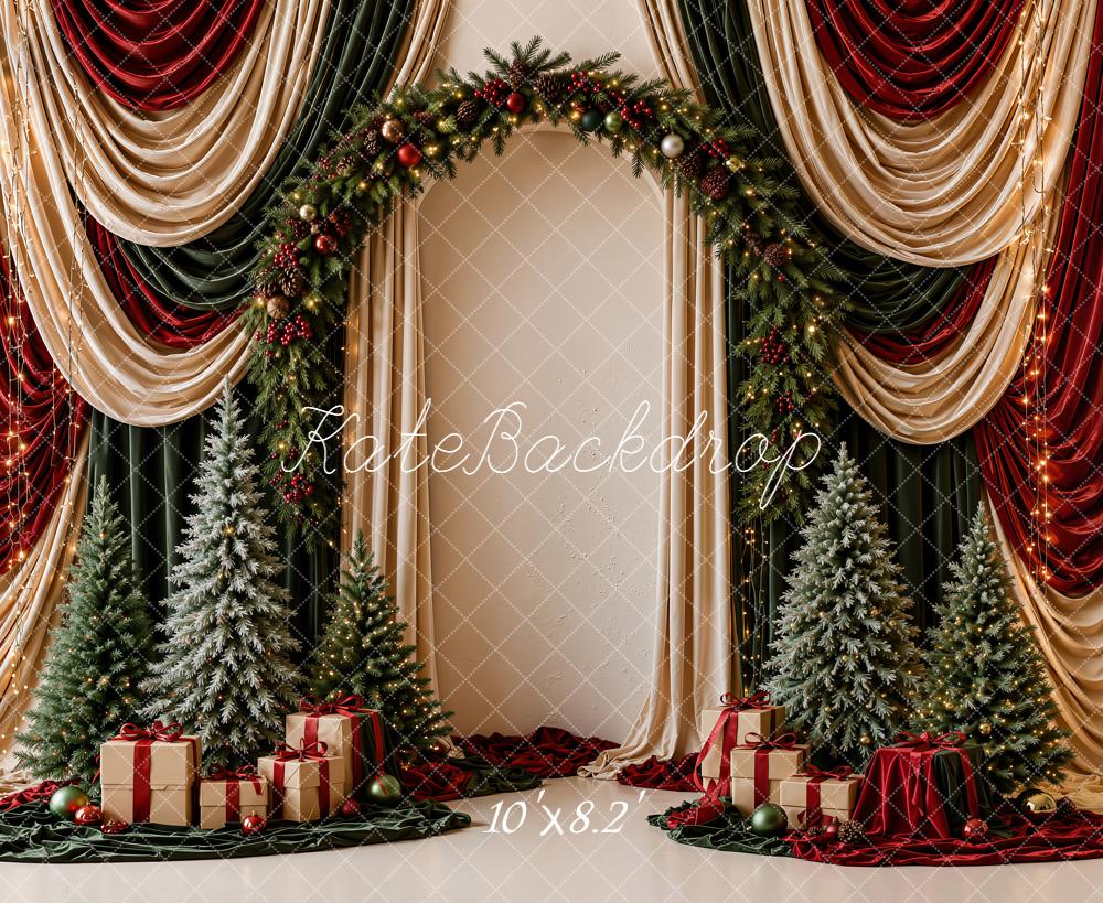 Kate Christmas Red Green Gold Drapes Flower Arch Christmas Trees Gifts Printed Backdrop Designed by Emetselch