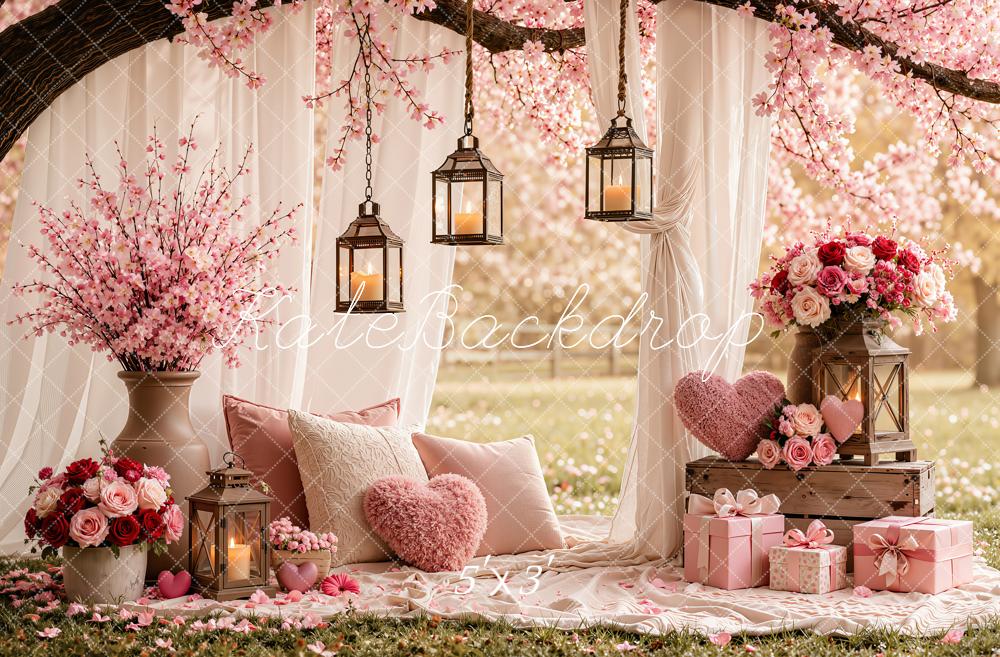 Kate Valentine's Day Cherry Blossom Branch Arch Drapes Hearts Pillow Printed Backdrop Designed by Emetselch