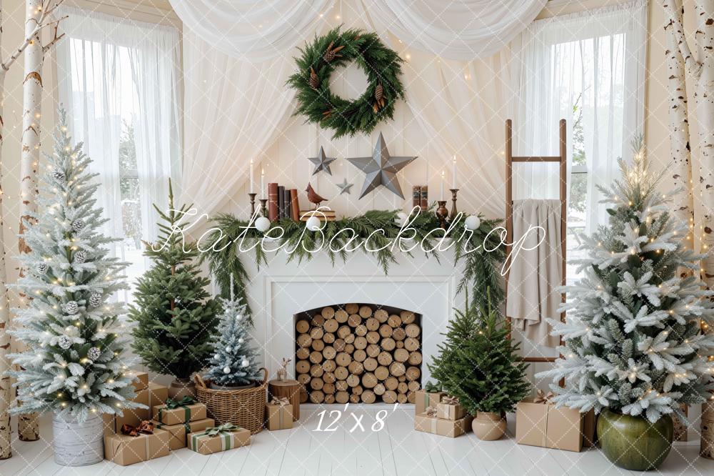 Kate Christmas Fireplace White Pine Trees Drapes Wreath Gifts Printed Backdrop Designed by Mini MakeBelieve