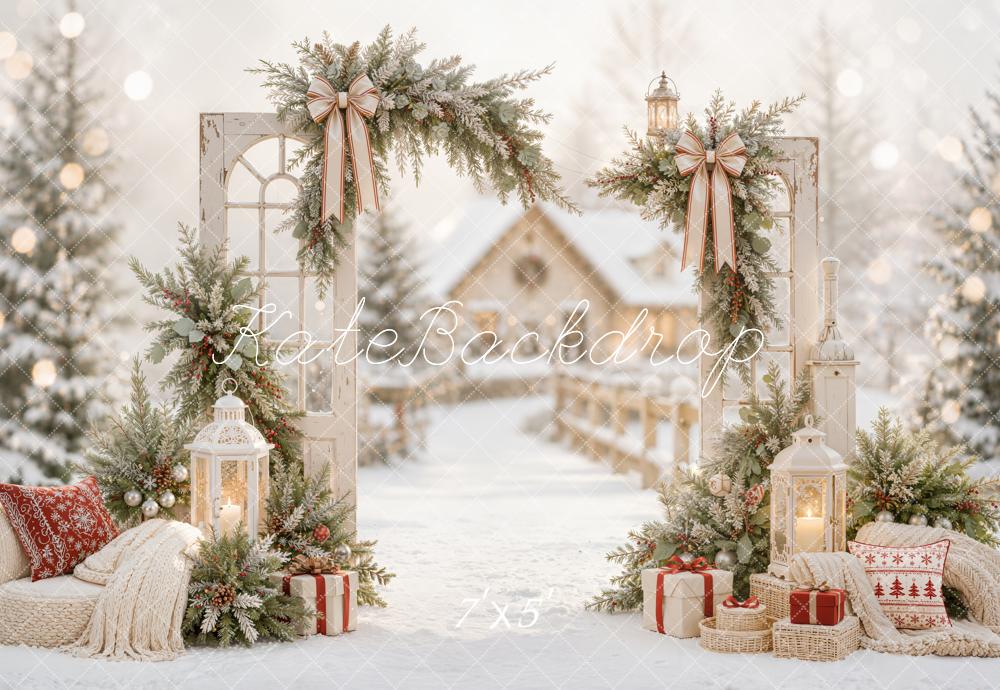 Kate Christmas Door Snowy Arch Garland Lanterns Village Printed Backdrop Designed by Emetselch