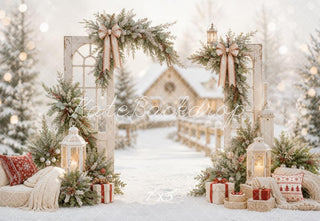 Kate Christmas Door Snowy Arch Garland Lanterns Village Printed Backdrop Designed by Emetselch