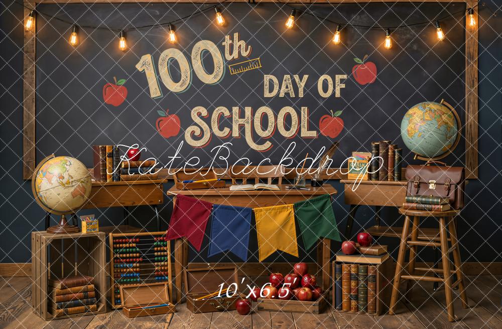 Kate 100th day of school Classroom Desk Books Apples Globe Chalkboard Printed Backdrop Designed by Emetselch