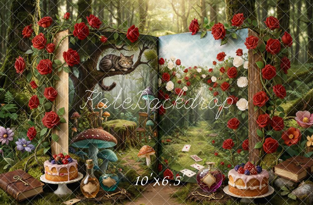 Kate Fairy Fantasy Open Book Forest Roses Mushrooms Cat Backdrop Designed by Emetselch