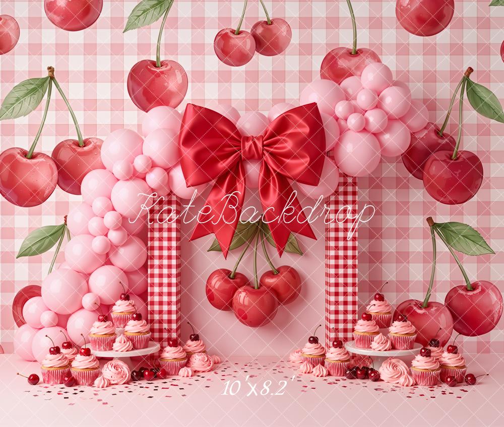 Kate Cake Smash Cherry Pink Gingham Balloon Arch Bow Cupcakes Backdrop Designed by Emetselch