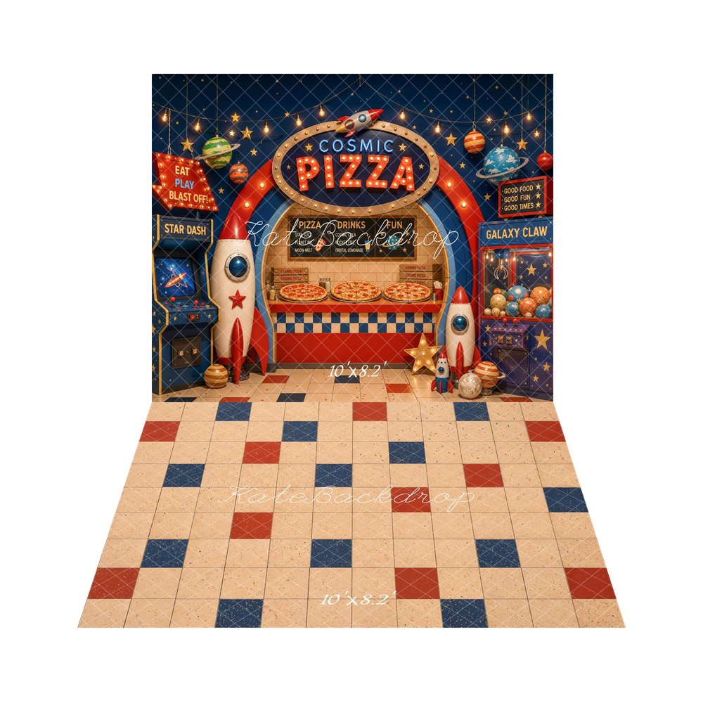 Kate Space Pizza Shop Arcade Rockets Claw Machine Planets Printed Backdrop+Checkerboard Beige Red Blue Tiles Floor Printed Backdrop