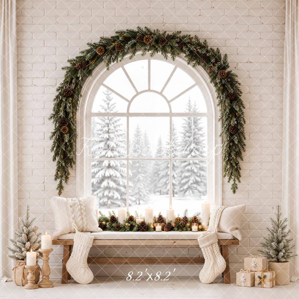 Kate Christmas Arched Window Cozy Bench Garland Snowy Forest Printed Backdrop Designed by Emetselch
