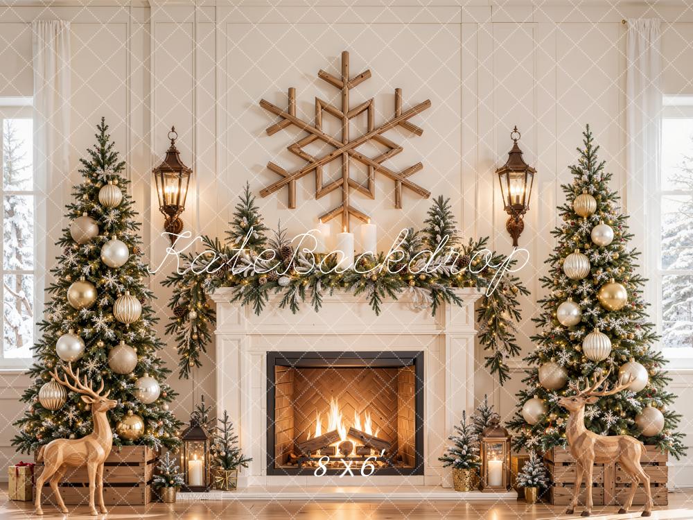 Kate Christmas Fireplace Christmas Trees Deer Printed Backdrop Designed by Emetselch