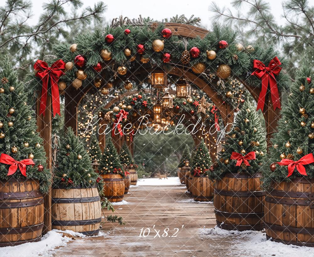 Kate Christmas Pine Arch Garland Wooden Barrels Lanterns Backdrop Designed by Emetselch