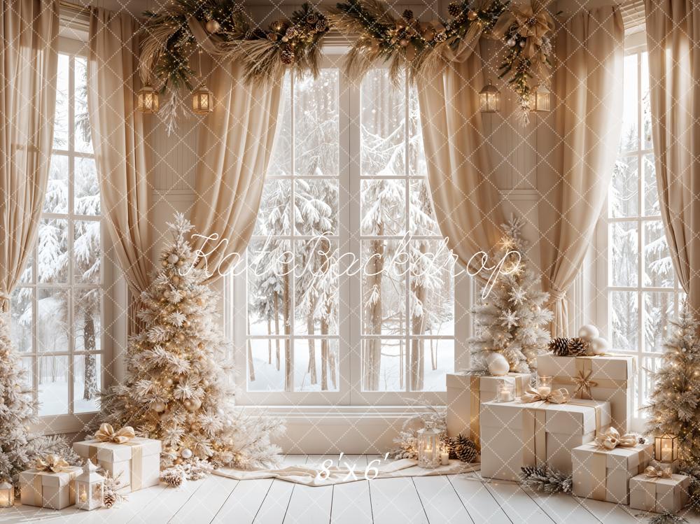 Kate Christmas Windows Beige Curtains Winter White Trees Gifts Printed Backdrop Designed by Emetselch