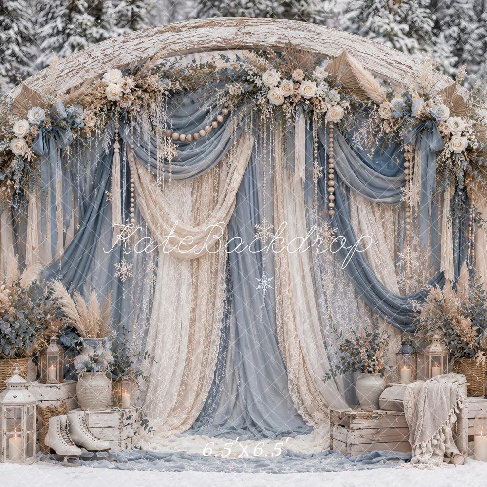Kate Winter Christmas Flower Arch Blue Drapes Snowy Outdoor Printed Backdrop Designed by Ashley Paul