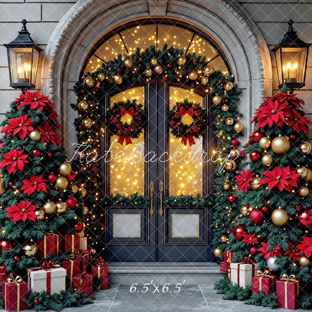Kate Christmas Doorway Red Poinsettia Garland Tree Backdrop Designed by Mini MakeBelieve