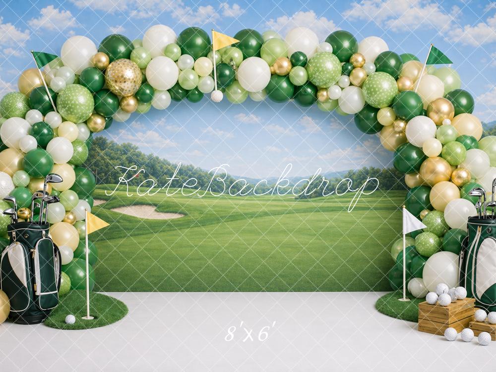 Kate Birthday Golf Course Balloon Arch Green Fairway Printed Backdrop Designed by Caitlin Lynch