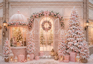 Kate Christmas Shop Pink Snowy Trees Garland Wreath Gift Boxes Printed Backdrop Designed by Emetselch