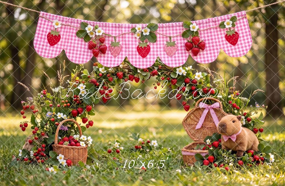 Kate Cake Smash Capybara Strawberry Picnic Teddy Bear Garden Printed Backdrop Designed by Angela Miller