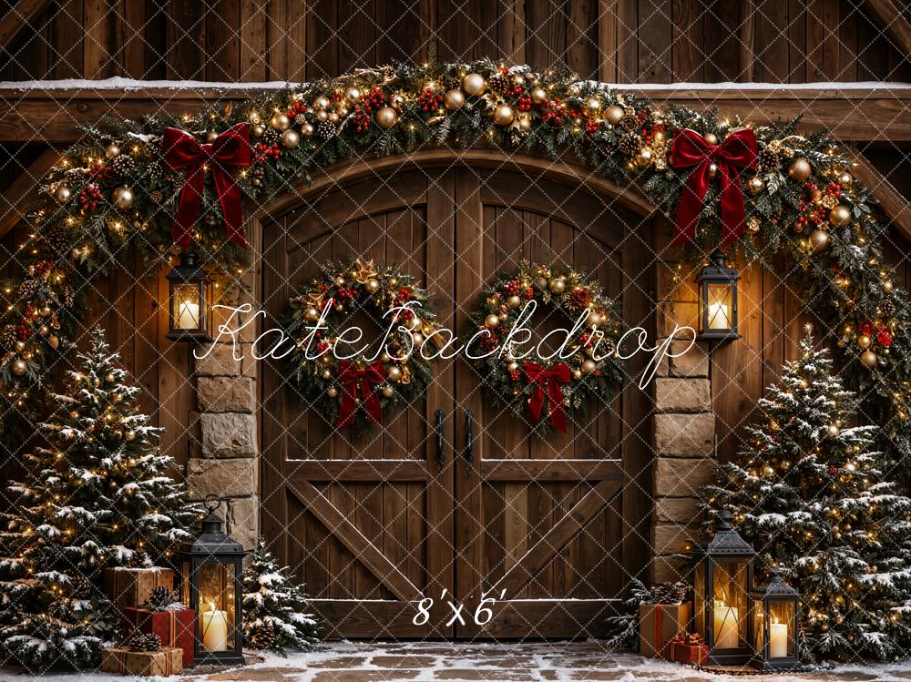 Kate Christmas Rustic Cabin Door Garland Printed Backdrop Designed by Emetselch