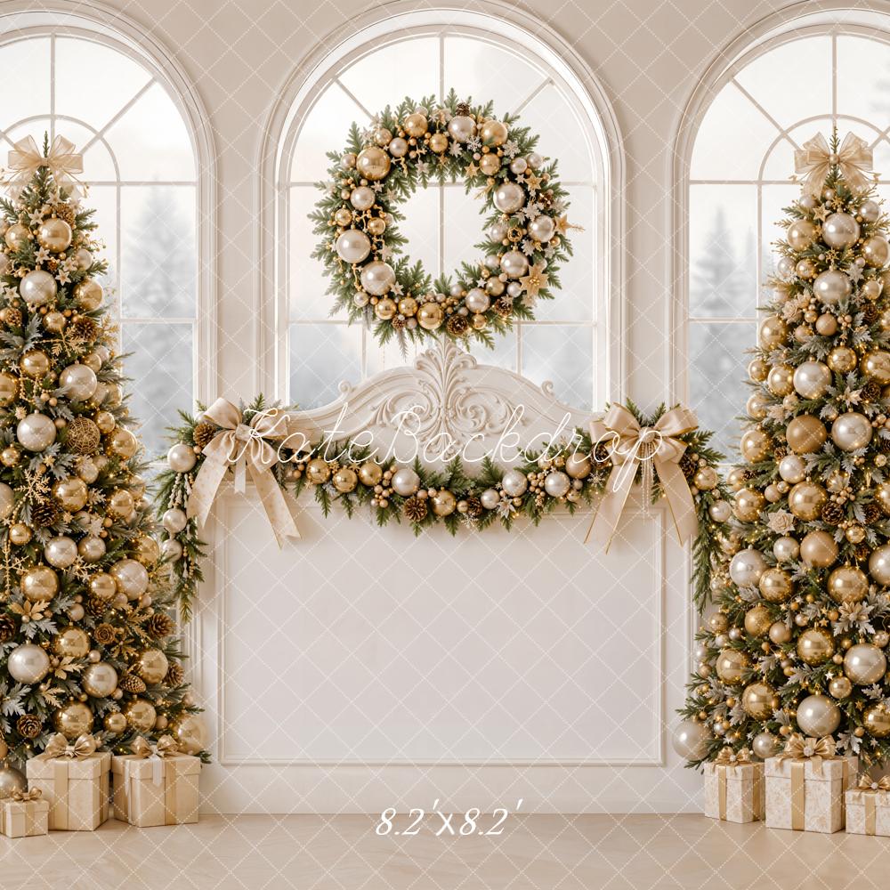 Kate Christmas Headboard Gold Christmas Trees Wreath Garland Window Printed Backdrop Designed by Emetselch