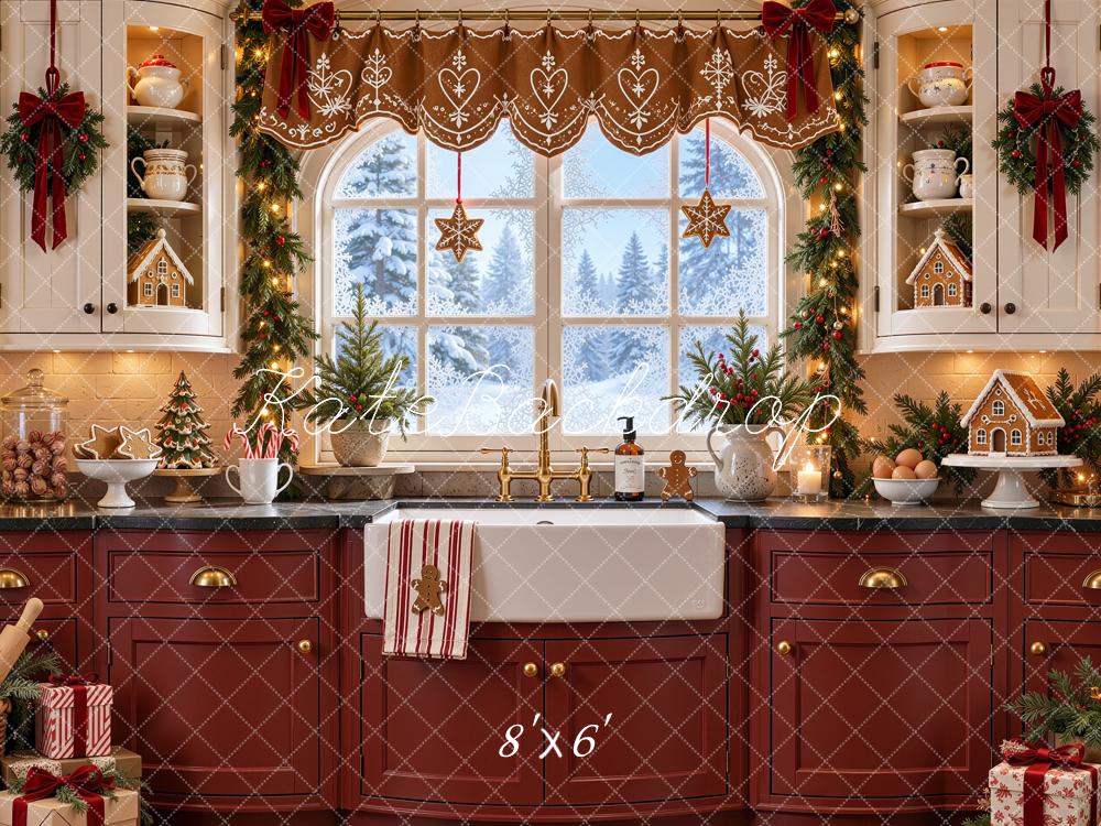 Kate Christmas Kitchen Gingerbread Window Red White Cabinet Printed Backdrop Designed by Shutter Swan Studios