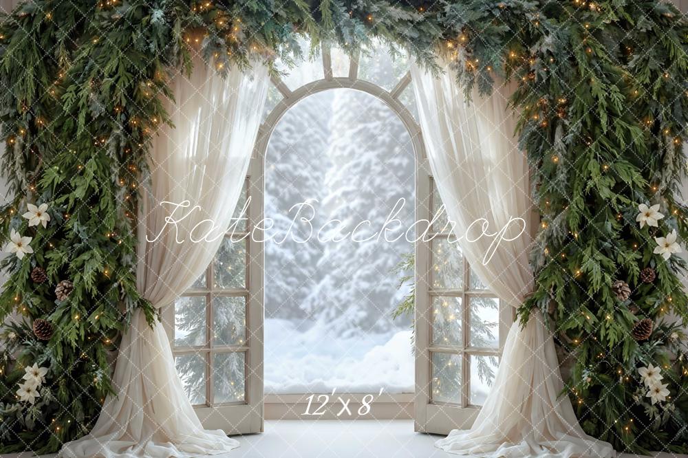 Kate Christmas Window Garland Pinecones Arch Snowy Forest Printed Backdrop Designed by Mini MakeBelieve