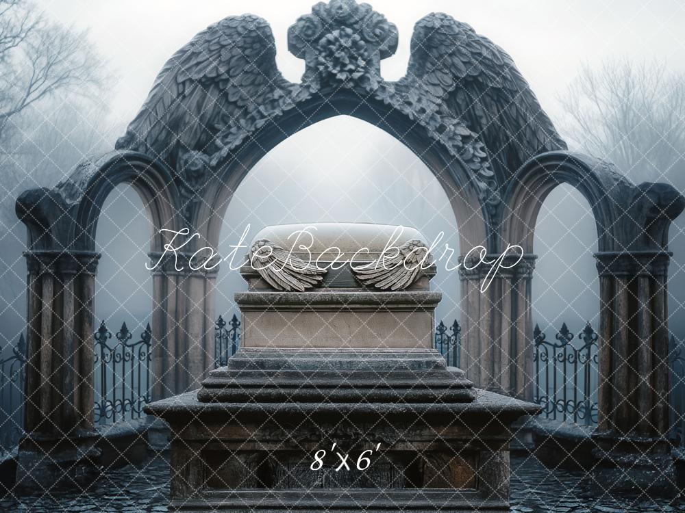 Kate Halloween Gothic Stone Arches Angel Wings Pedestal Backdrop Designed by Mini MakeBelieve