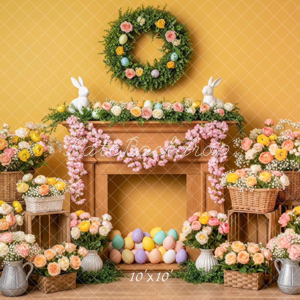Kate Easter Bunny Fireplace Floral Eggs Yellow Backdrop Designed by Patty Roberts