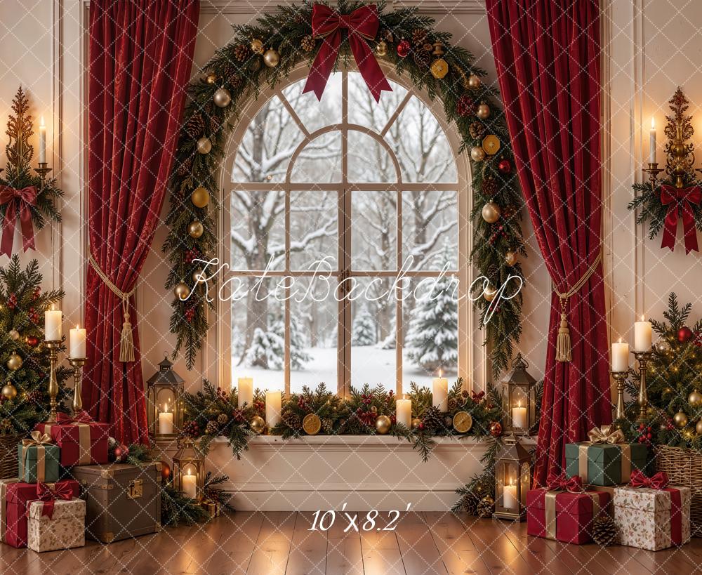 Kate Christmas Indoor Arched Window Red Curtain Garland Snowy Printed Backdrop Designed by Emetselch
