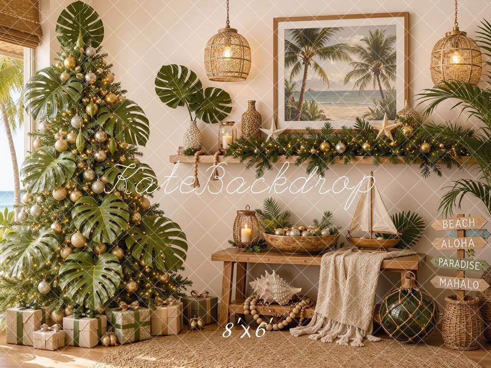Kate Christmas Tree Tropical Beach Fireplace Printed Backdrop Designed by Shutter Swan Studios