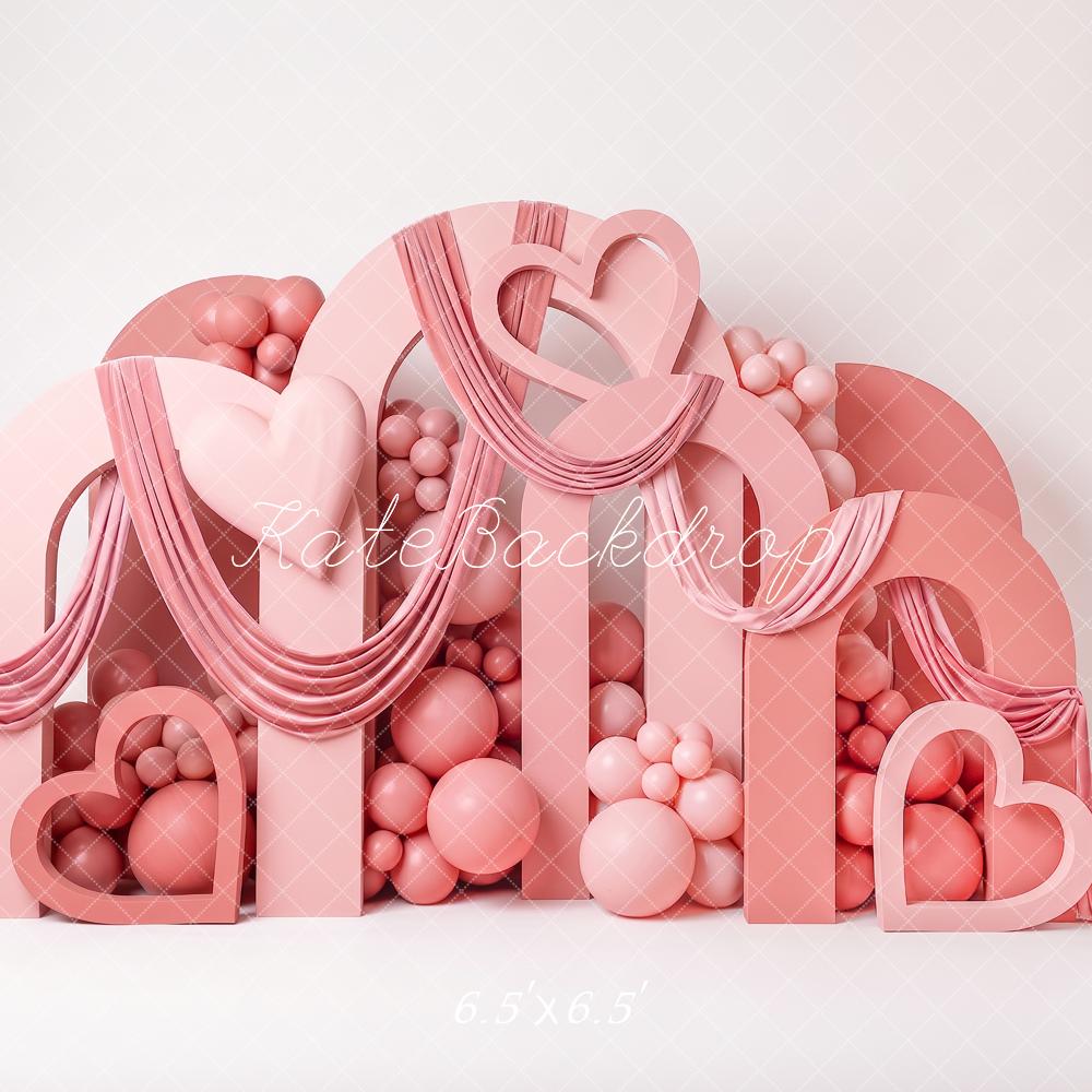 Kate Valentine's Day Pink Heart Balloon Drapery Printed Backdrop Designed by Angela Miller