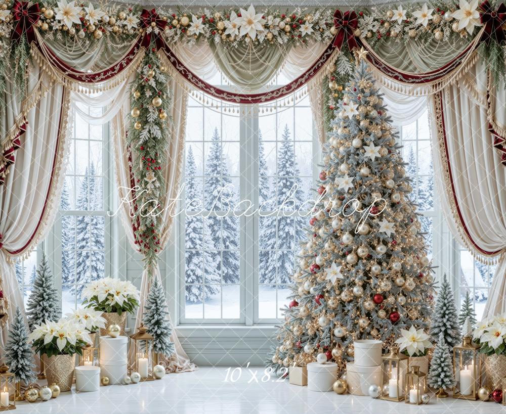 Kate Christmas Tree Window Luxury Drapery Poinsettia Printed Backdrop Designed by Mini MakeBelieve