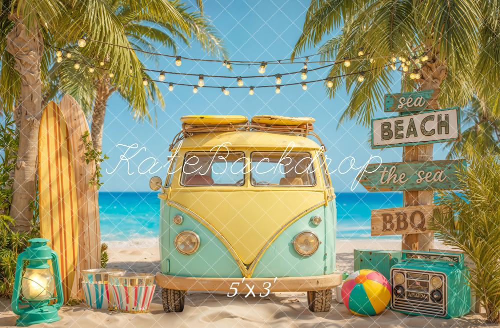 Kate Summer Beach Van Surfboard Palm Trees Printed Backdrop Designed by Emetselch