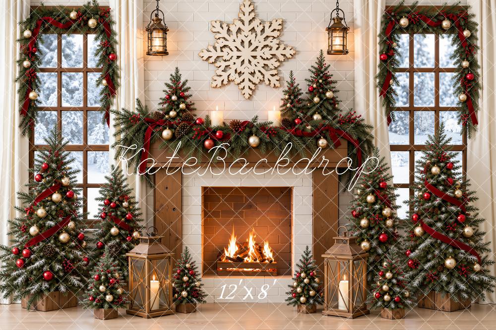 Kate Christmas Fireplace Christmas Trees Red Ribbon Garland Snowflake Printed Backdrop Designed by Emetselch