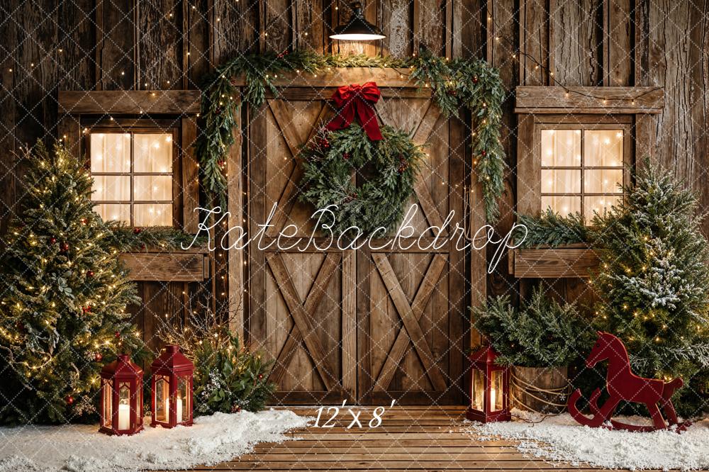 Kate Christmas Rustic Barn Door Wreath Garland Trees Lanterns Backdrop Designed by Emetselch