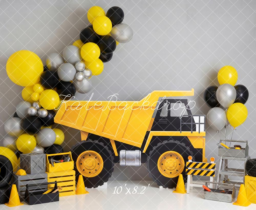 Kate Cake Smash Truck Construction Balloons Tires Yellow Printed Printed Backdrop Designed by Patty Roberts