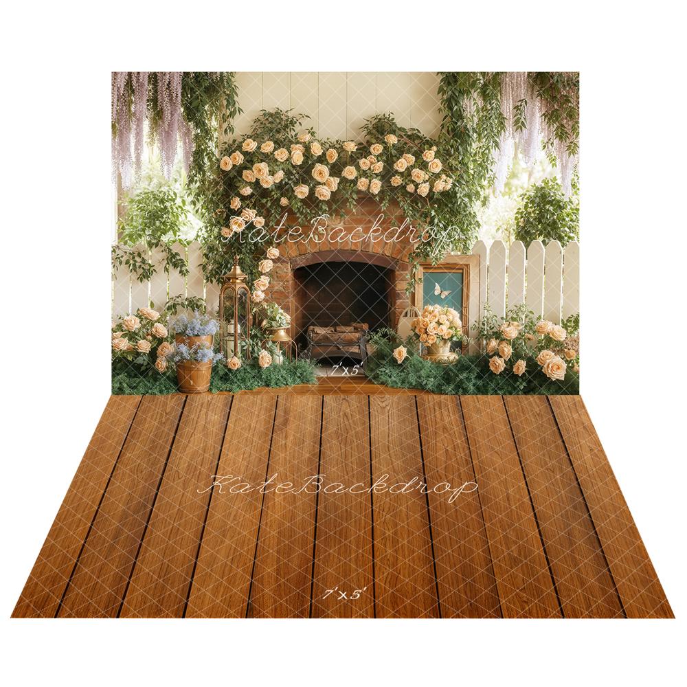Kate Flower Arch Brick Fireplace Garden Backdrop+Brown Wooden Plank Rustic Floor Backdrop