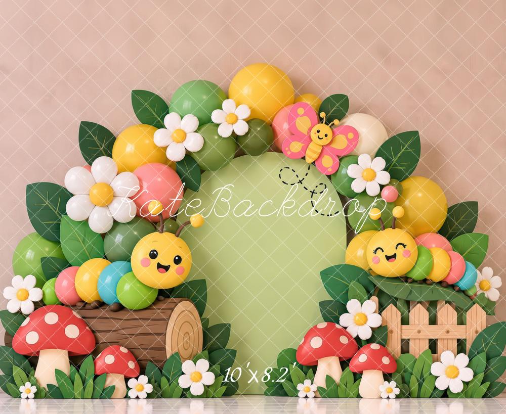Kate Spring Cake Smash Garden Caterpillars Flowers Mushrooms Printed Backdrop Designed by Laura Bybee