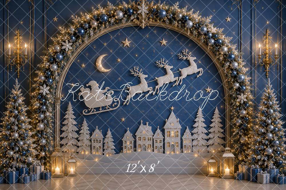 Kate Christmas Tree Blue Wall Snowy Village Sleigh Arch Printed Backdrop Designed by Caitlin Lynch