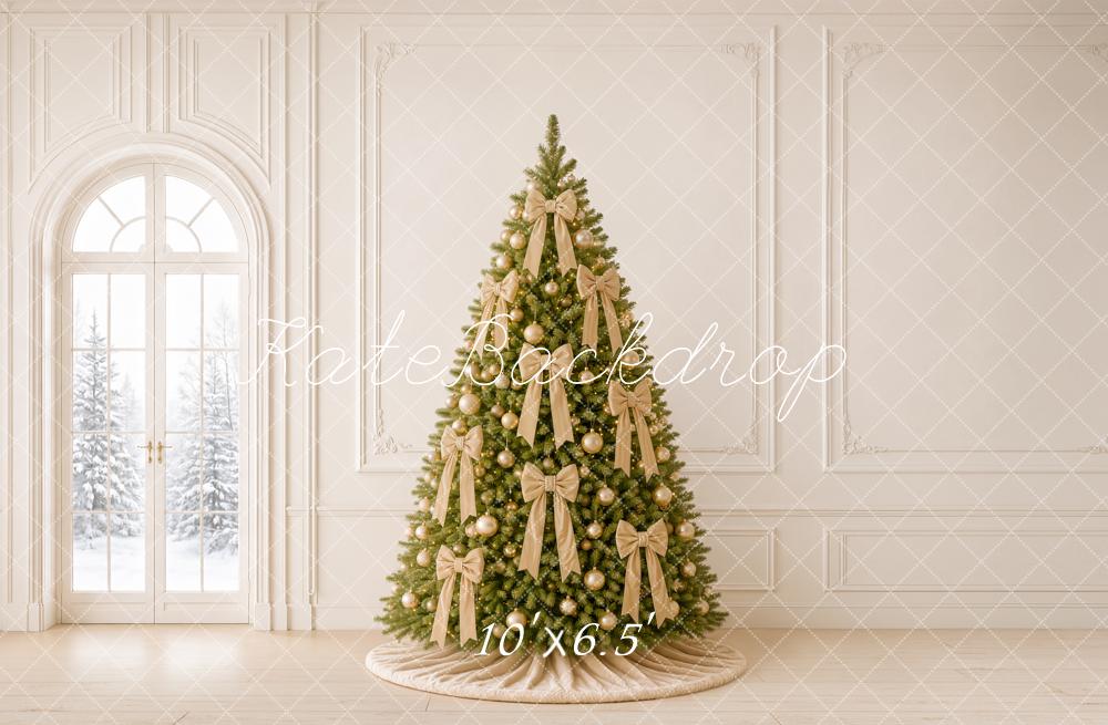 Kate Christmas Gold Bow Tree Elegant White Wall Printed Backdrop Designed by Emetselch