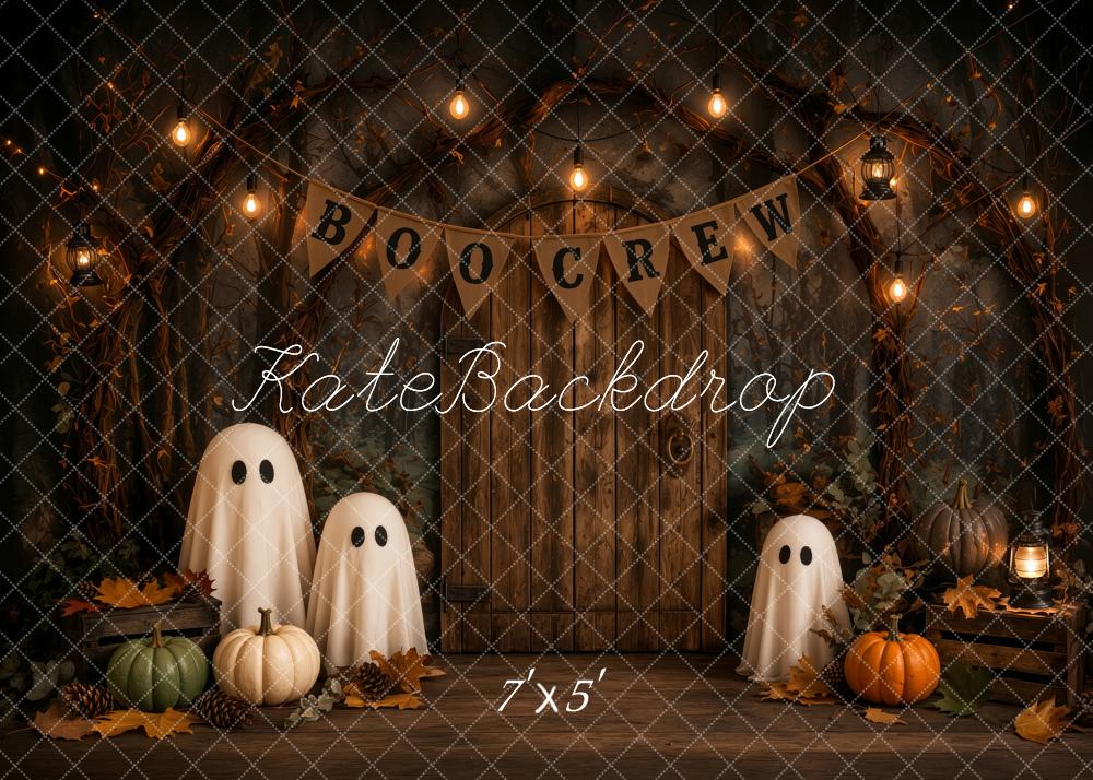 Kate Halloween Trick Or Treat Haunted Barn Ghosts Pumpkins Lights Printed Backdrop Designed by Ashley Ward
