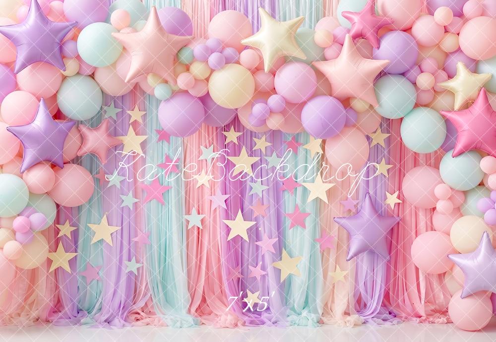Kate Birthday Party Pastel Balloon Star Curtain Printed Backdrop Designed by Angela Miller