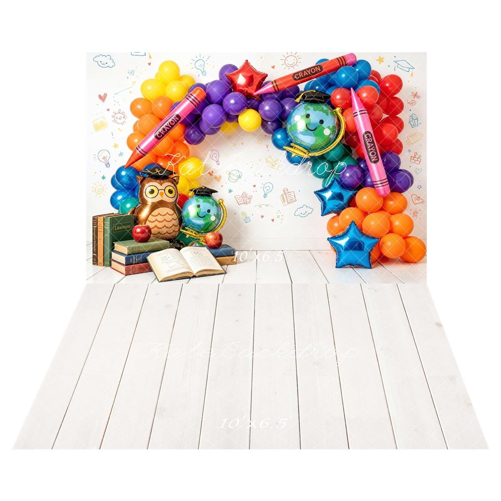 Kate Graduation Balloon Arch Crayons Globe Owl Books Printed Backdrop+White Wood Plank Floor Backdrop Printed Backdrop