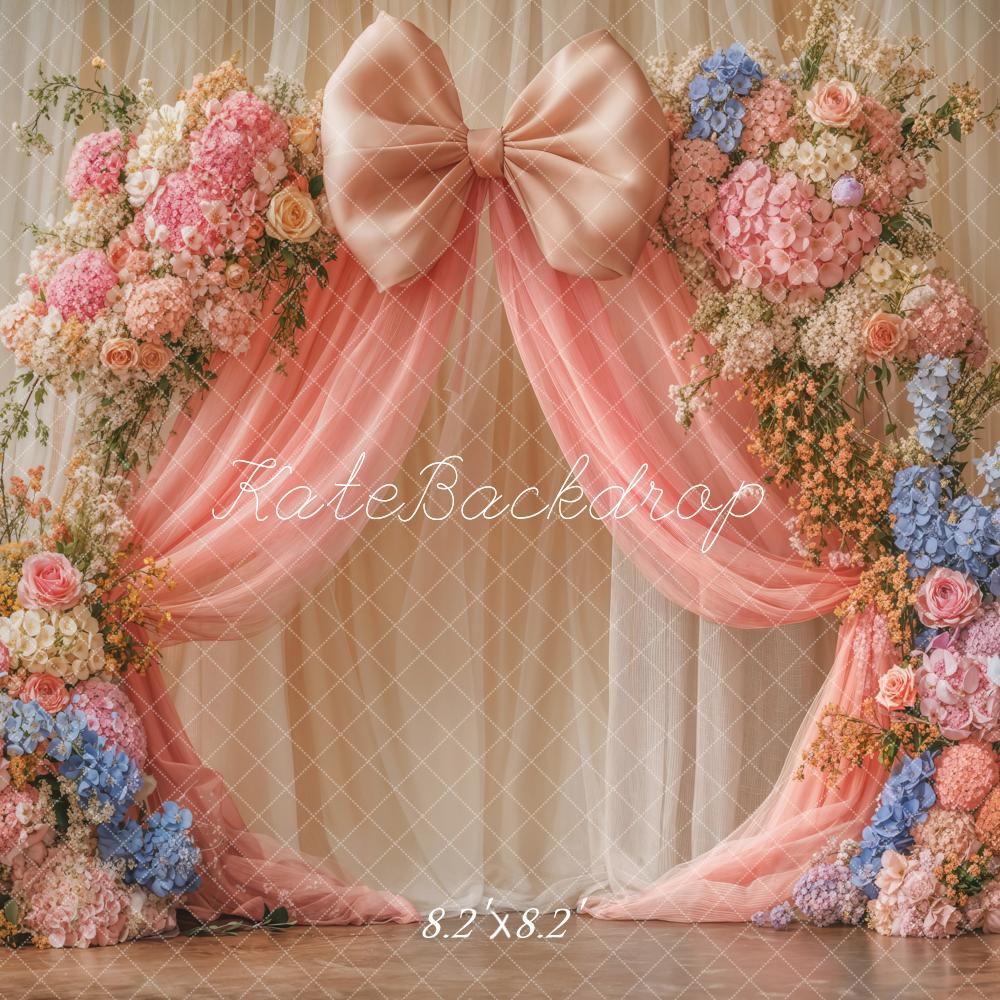 Kate Floral Arch Pink Bow Drapes Backdrop Designed by Emetselch